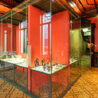 Een glazen tentoonstellingskast met collectiestukken in
