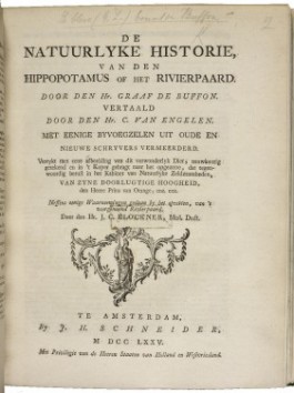 De natuurlyke historie van den hippopotamus of het rivierpaard, 1775, collectie British Library Titelpagina van De natuurlyke historie van den hippopotamus of het rivierpaard