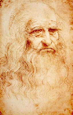 Door vergeling zijn bepaalde details in het enige zelfportret van Leonardo da Vinci nog nauwelijks zichtbaar Leonardo da Vinci zelfportret: vergeling