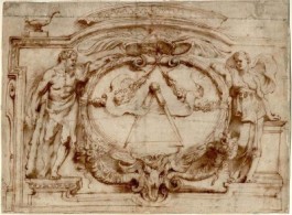 Ontwerptekening van Peter Paul Rubens van het drukkersmerk van de Officina Plantiniana, ca. 1630 (Bron: Museum Plantin-Moretus) Ontwerptekening van Peter Paul Rubens van het drukkersmerk van de Officina Plant