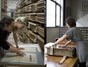 Jonge vrouwen bekijken historische kranten / Jonge vrouw opent groot manuscript