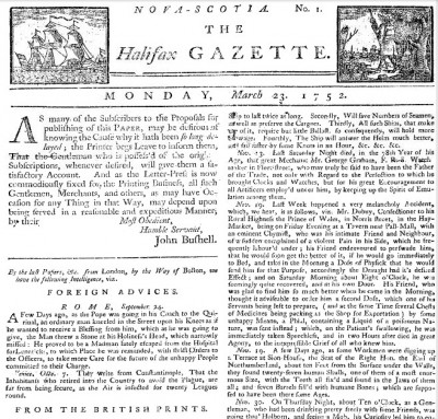 De editie van 23 maart 1752 van de Canadese krant Halifax Gazette