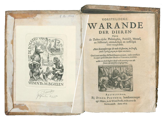 Ex libris en titelpagina van Vondel's Vorstelijcke warande der dieren