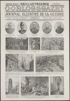 Krantenpagina met foto's van o.a. de verwoestingen in Leuven en Mechelen