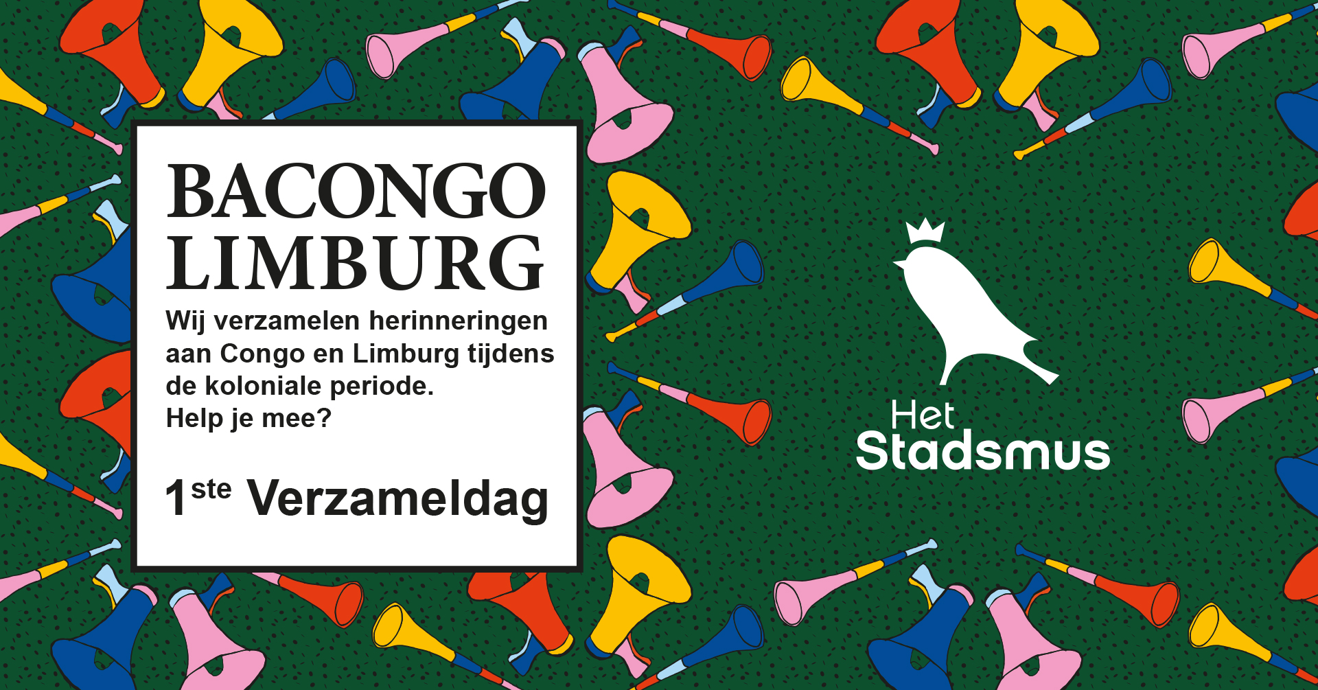 logo van bacongo limburg bestaat uit kleurrijke vuvuzelas tegen groene achtegron